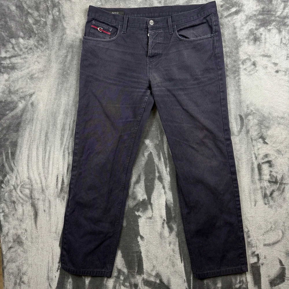 Gucci Pants Mens 52 Navy Blue Web Stripe Straight Leg Made in Italy